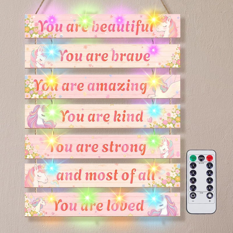 FIOBEE Girls Room Décor for Teen Girls Boys with LED Light Wall Decor for Bedroom Motivational Inspirational Wall Art Girl Room Decoration for Kids Studyroom, 8 Kinds of Lights, Pink Unicorn - Image 1